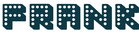 frank logo. 'Frank' is written in capital letters in navy blue. The letters have white spots inside that resemble the lights of a broadway sign