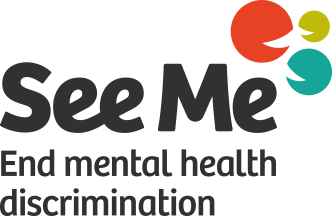 See Me Scotland logo. Black text reads 'See Me', with 'End mental health discrimination' below. Three circles with sections cut out to resemble talking mouths are in the top right corner in orange, green-yellow and teal.